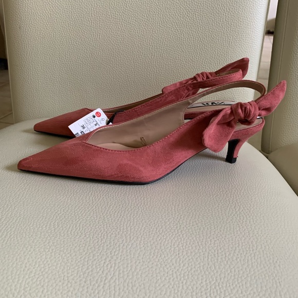 Zara Heeled Suede Slingback Shoes With Bow - Picture 5 of 16
